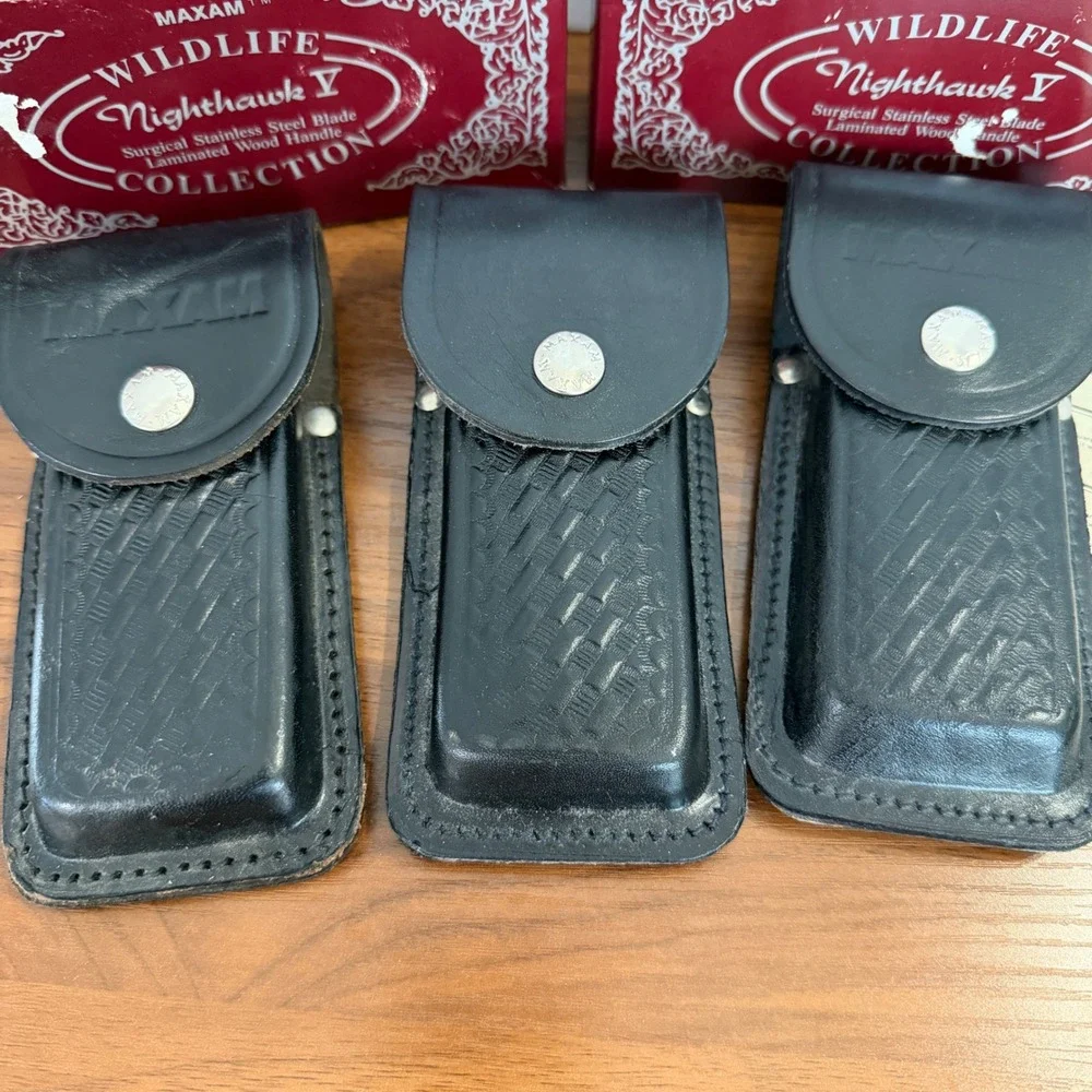Lot of 3 Maxam Wildlife Nighthawk V Black Leather Knife Sheaths Basketweave Box